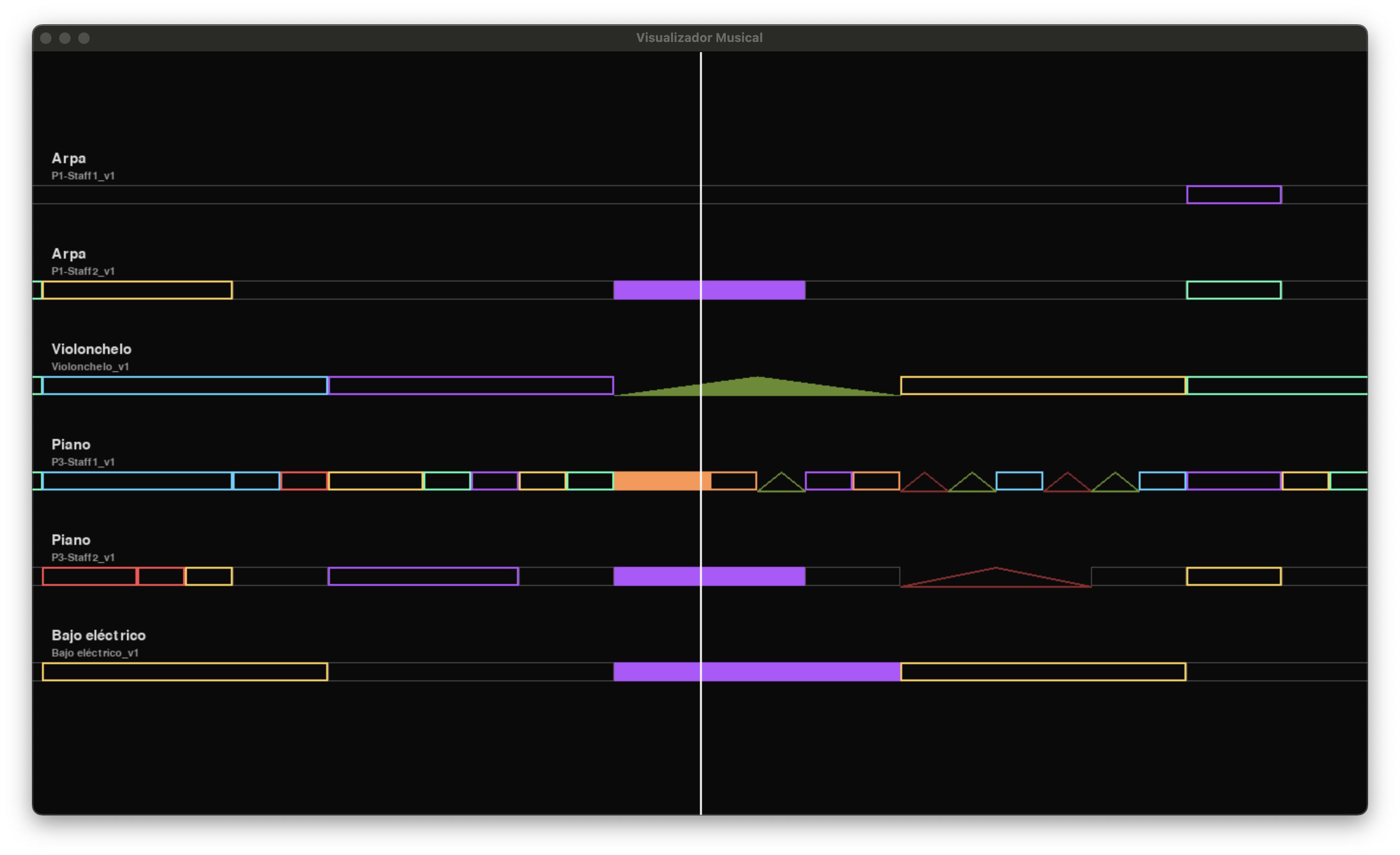 Visualizador musical mostrando una composición visual generada desde parámetros sonoros.